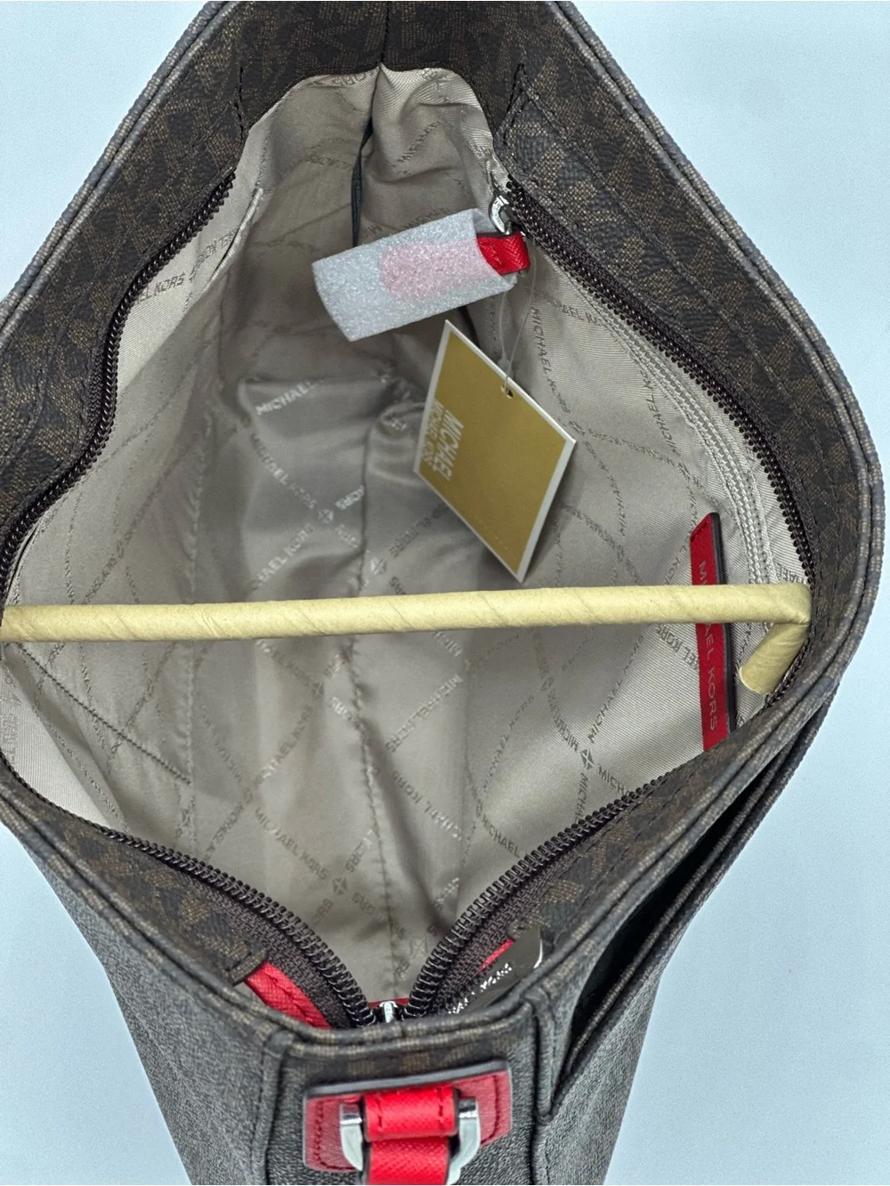 Michael Kors Brown Monogram Crossbody with Red Strap